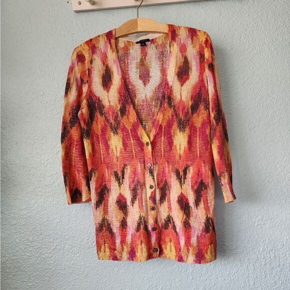 Ann Taylor silk and linen print 3/4 sleeve cardigan sweater - Picture 2 of 12